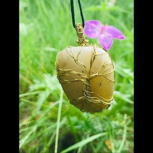 Gold Agate Crystal Necklace Silver Tree Design